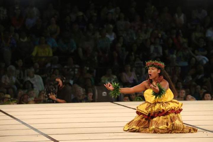 Brylyn Noelani Aiwohi of Halau Ka Lei Mokihana o Leina'ala was first runner-up and won the Office of Hawaiian Affairs Hawaiian Language Award at the Miss Aloha Hula competition Thursday night. (Photo: Hawaii Tribune-Herald)