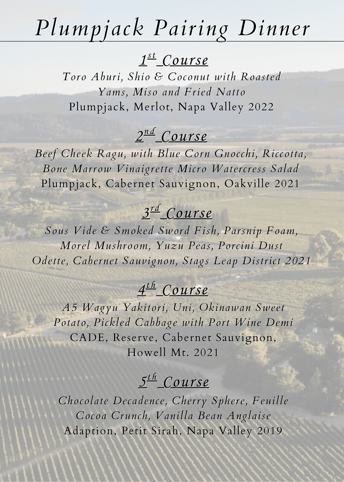 Plump Jack Wine Pairing Dinner
