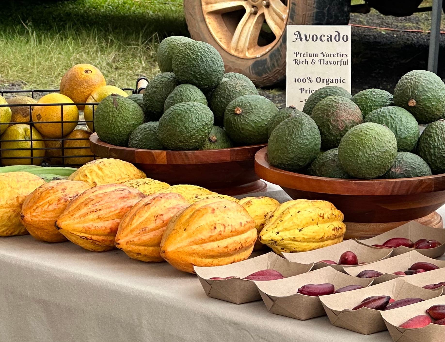 Fresh cacao, avocados, finger limes and oranges at the Hanalei Farmers Market. Photo by Sarah Burchard.