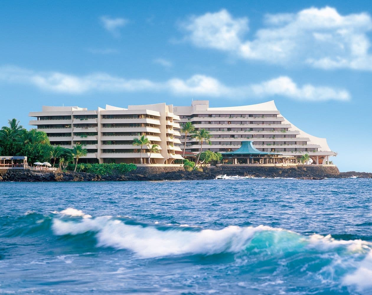 Exterior image over the ocean of Royal Kona Resort in Big Island, Hawaii.