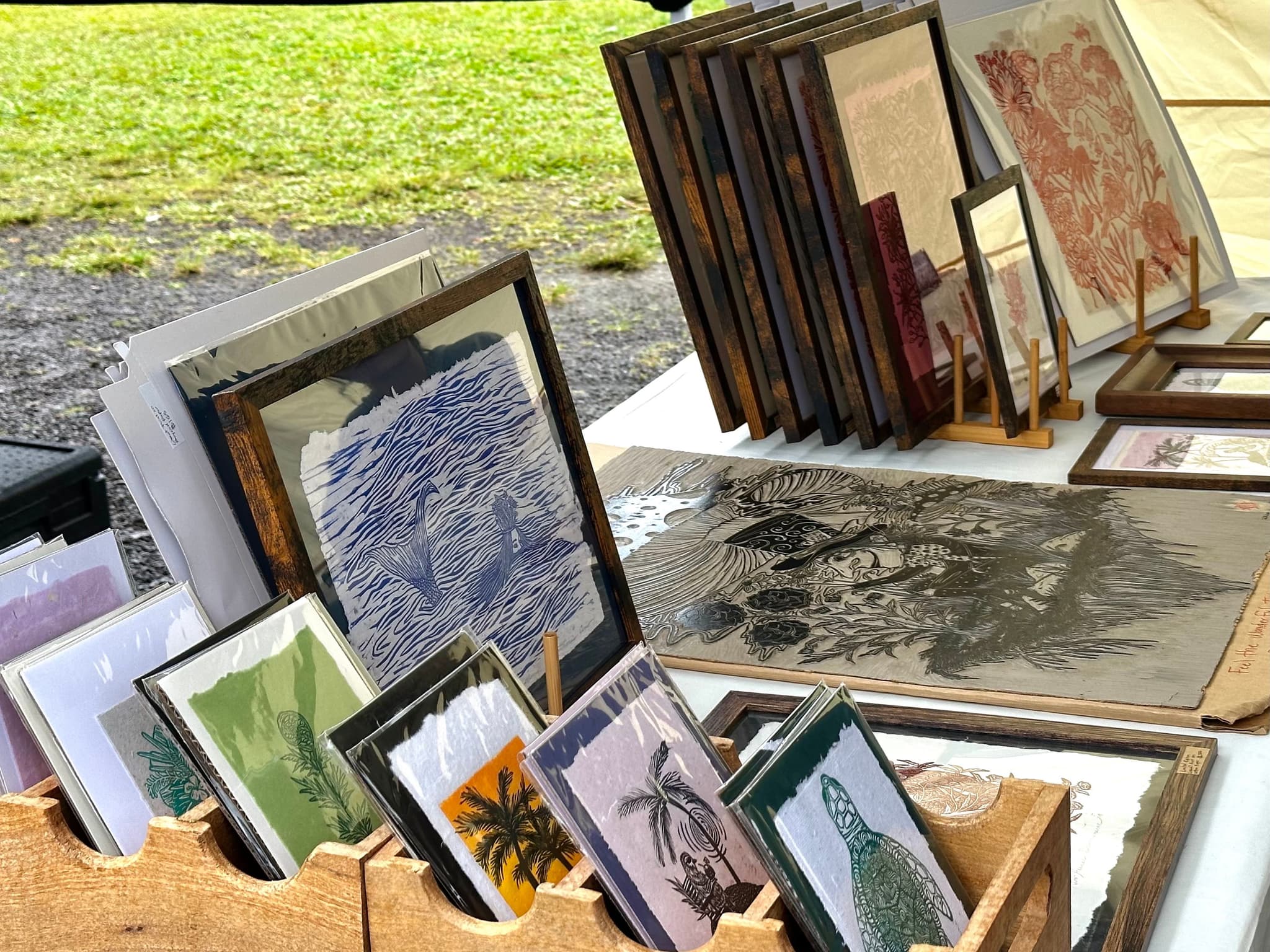 Linocut prints by Little Things at Hanalei Farmers Market. Photo by Sarah Burchard.