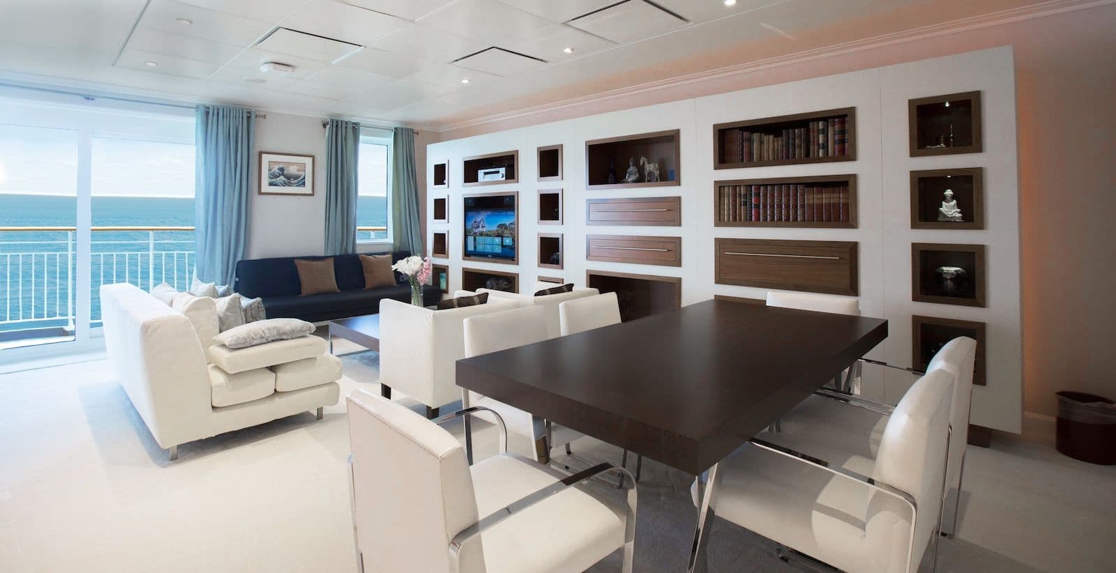 A living room inside one of the residences on The World private yacht.