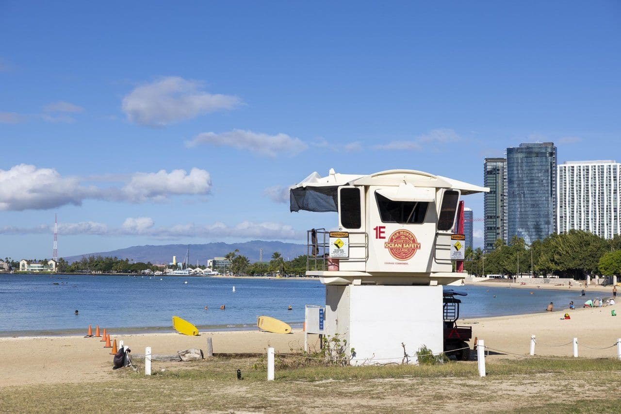 Ala Moana beach lifeguard stand.
