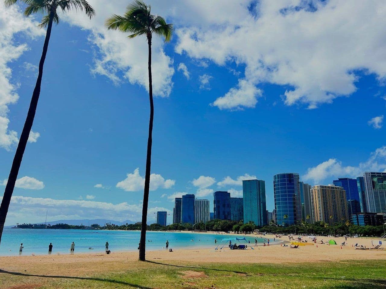 Beach with skyscrapers in the background.