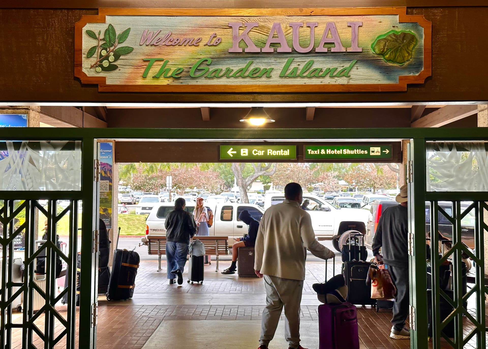 Lihue airport exit, welcome to Kauai sign.