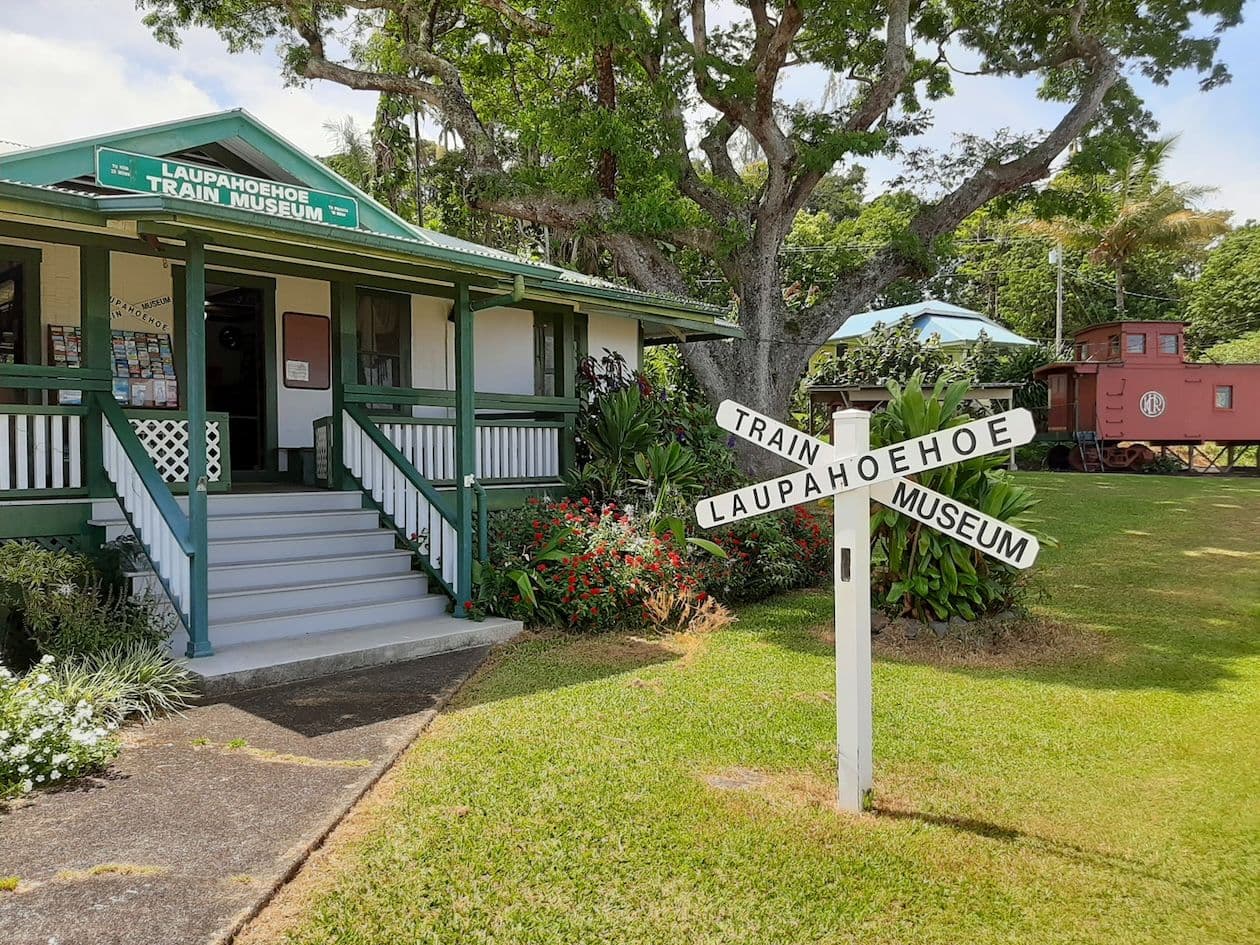 The front of the Laupahoehoe Train Museum on Big Island Hawaii.