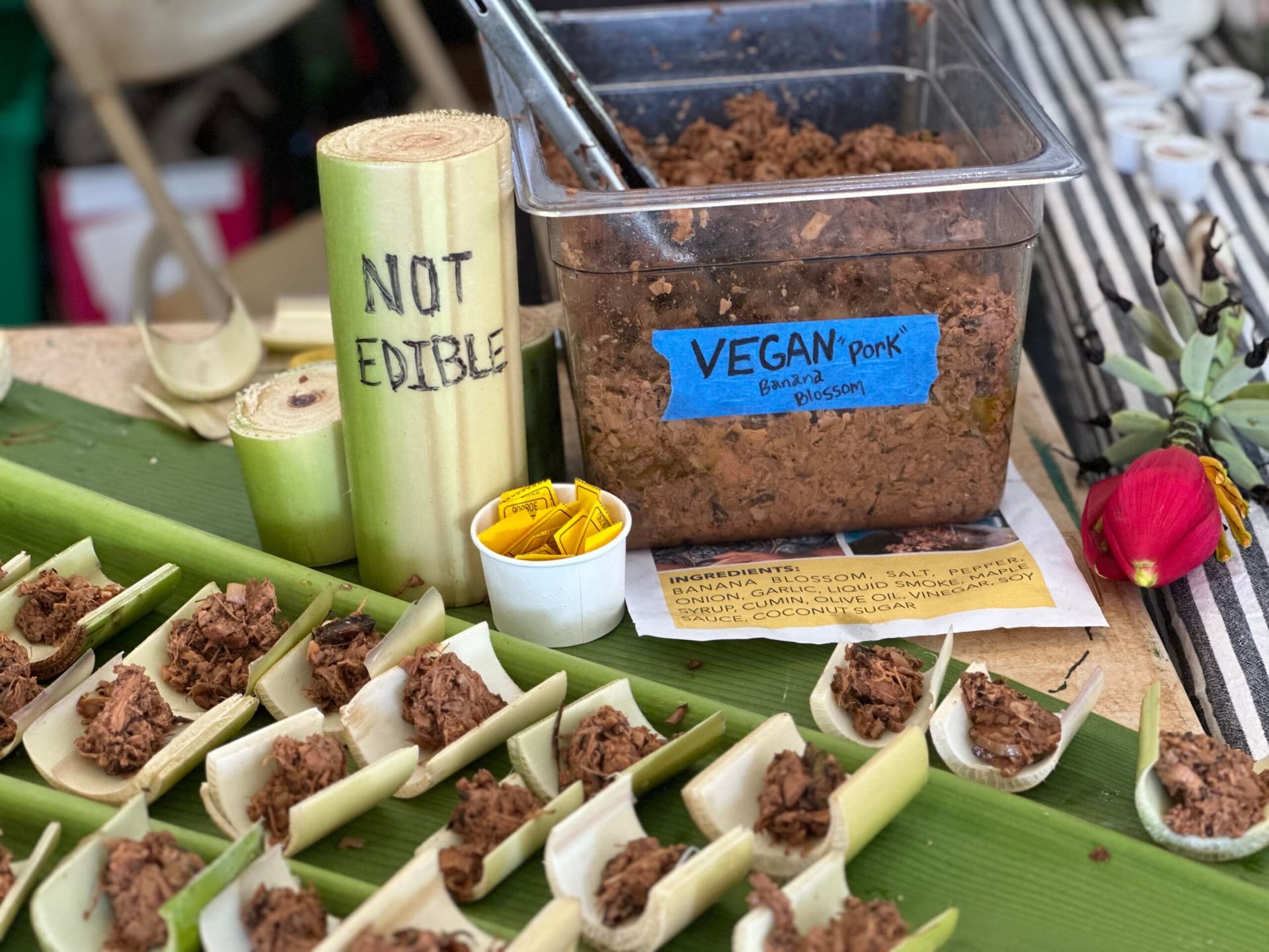 Cooked banana blossom on banana stem on banana leaf at the Banana Festival on Oahu.