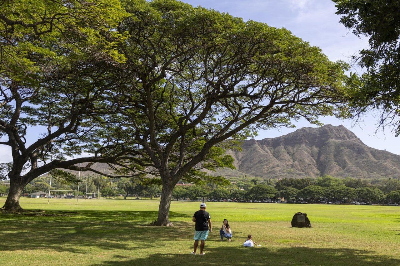 Kapiolani Park with diamond head in the background in Honolulu on oahu, Hawaii.