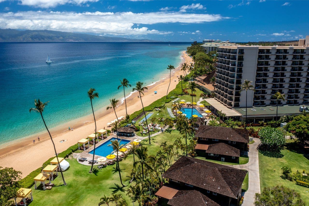 aerial shot of the beach and Royal Lahaina Resort & Bungalows