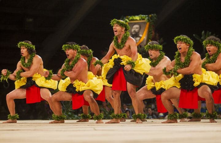 The kane of Na Pua Me Kealoha dance during the kahiko portion of the Merrie Monarch Festival competition 2016. (Photo: Star-Advertiser)