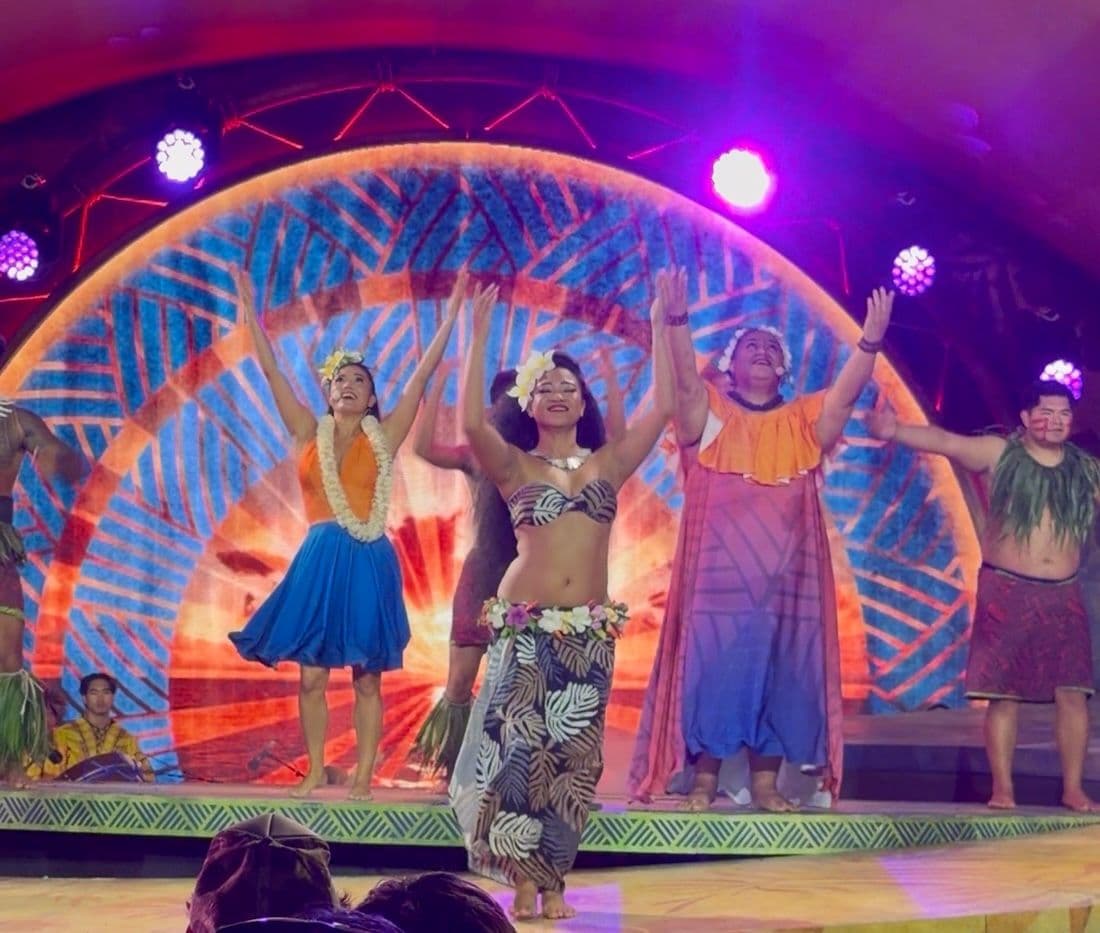 Hula dancers performing on stage at Kaula Luau in Ko Olina on oahu hawaii.