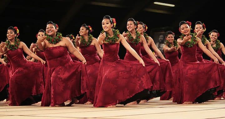 Halau Na Lei Kaumaka O Uka (kumu Napua Greig & Kahulu Maluo; Kula, Maui) dances during the Kahiko portion of the Merrie Monarch Festival competition. PHOTO BY DENNIS ODA. APRIL 6, 2013.