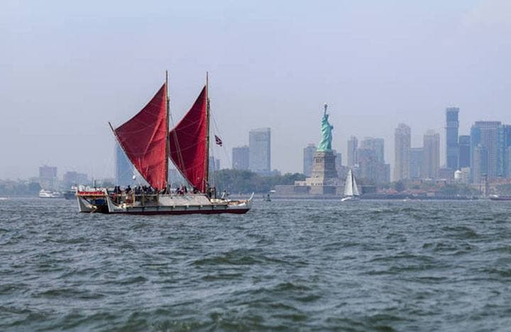 PHOTO: COURTESY ‘OIWI TV.Nearly 40 years to the day that the Hokule‘a crew sighted land in French Polynesia on its maiden voyage, the vessel sailed into New York in June 2016, passing the Statue of Liberty in the distance.