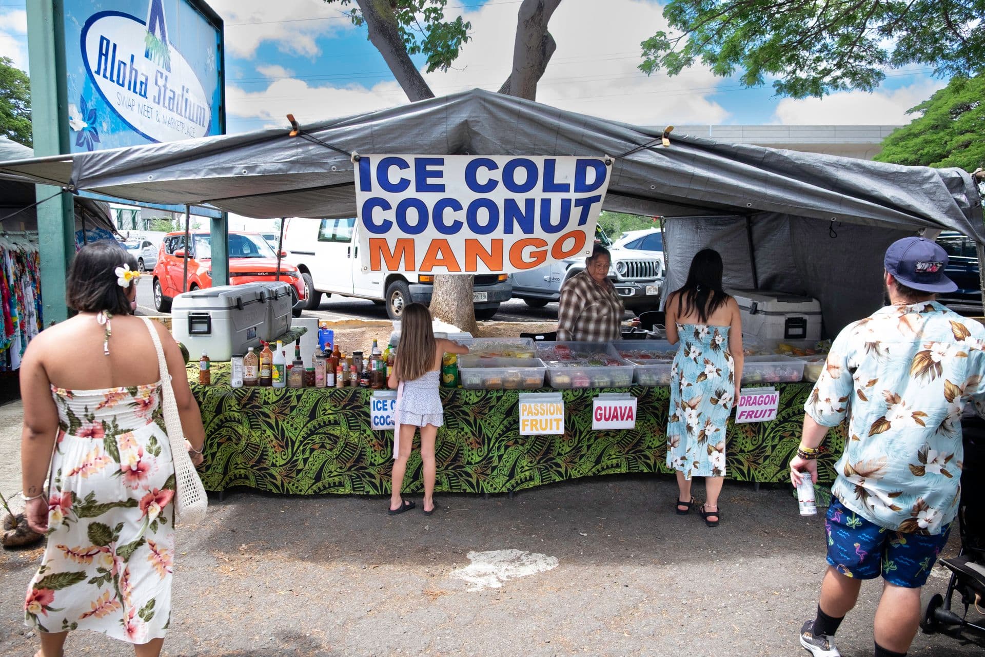 Swap meet, ice cold coconuts and mango