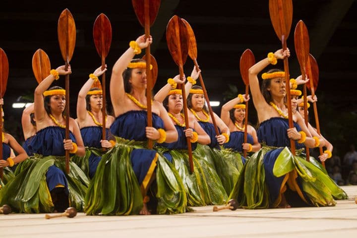 The wahine of Halau Mohala Ilima dance during the kahiko portion of the Merrie Monarch Festival competition 2016. (Photo: Star-Advertiser)