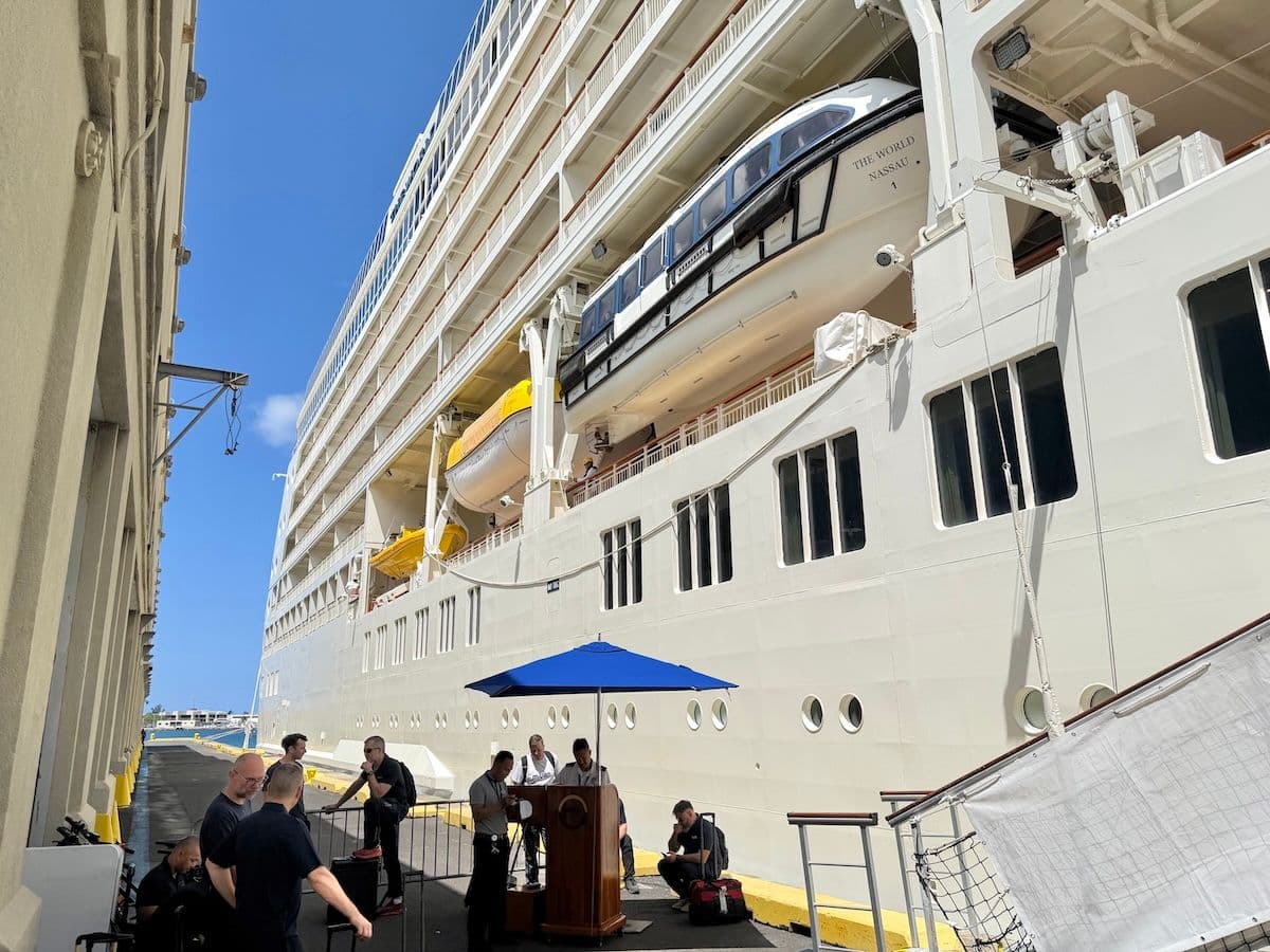 The worldʻs largest privately owned yacht, The World, docked at Honolulu Harbor on Oahu Hawaii.