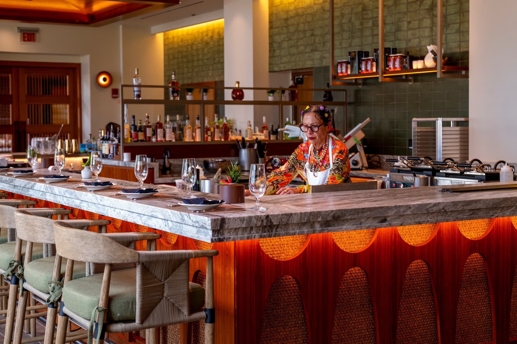 Nancy Silverton behind the bar at Osteria Mozza Lānaʻi. Photo by Laura La Monica, courtesy of Four Seasons Resort Lānaʻi.