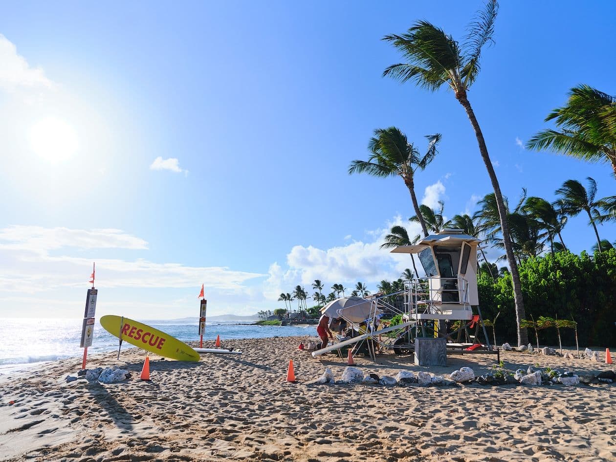 Poipu beach kauai hawaii life gaurd stand.