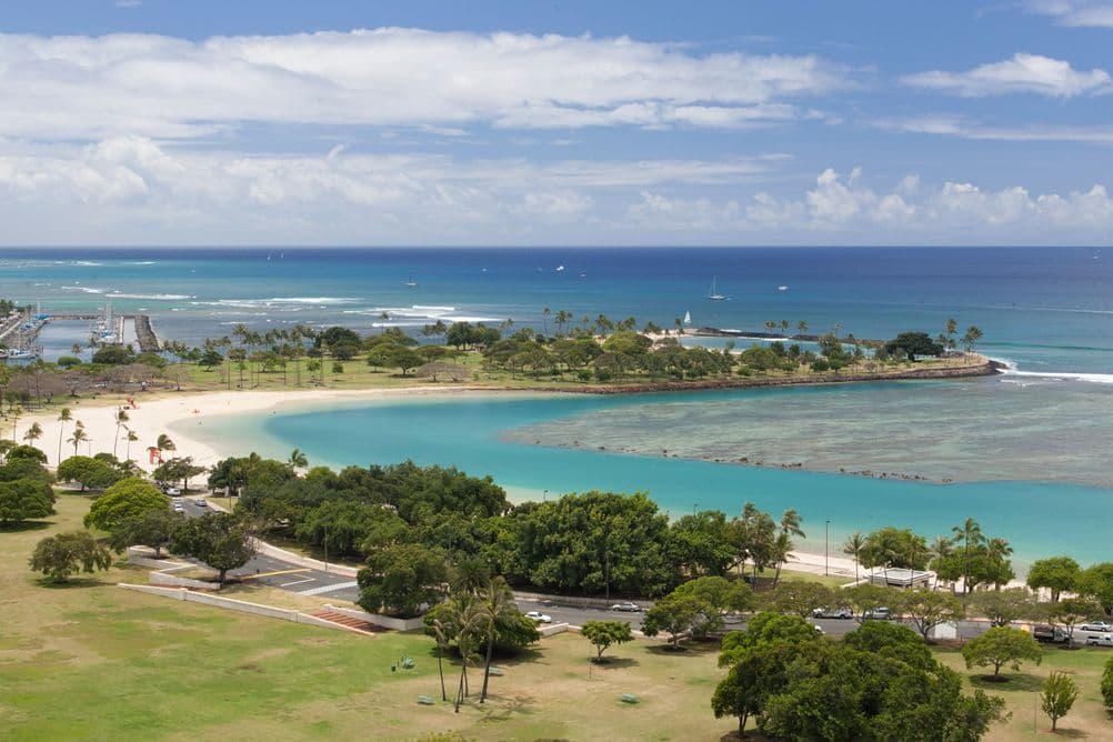 An arial view of Ala Moana Beach Park on oahu hawaii.