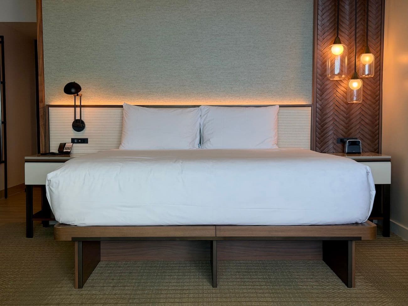 King sized bed in a hotel room at Hyatt Maui in Hawaii.