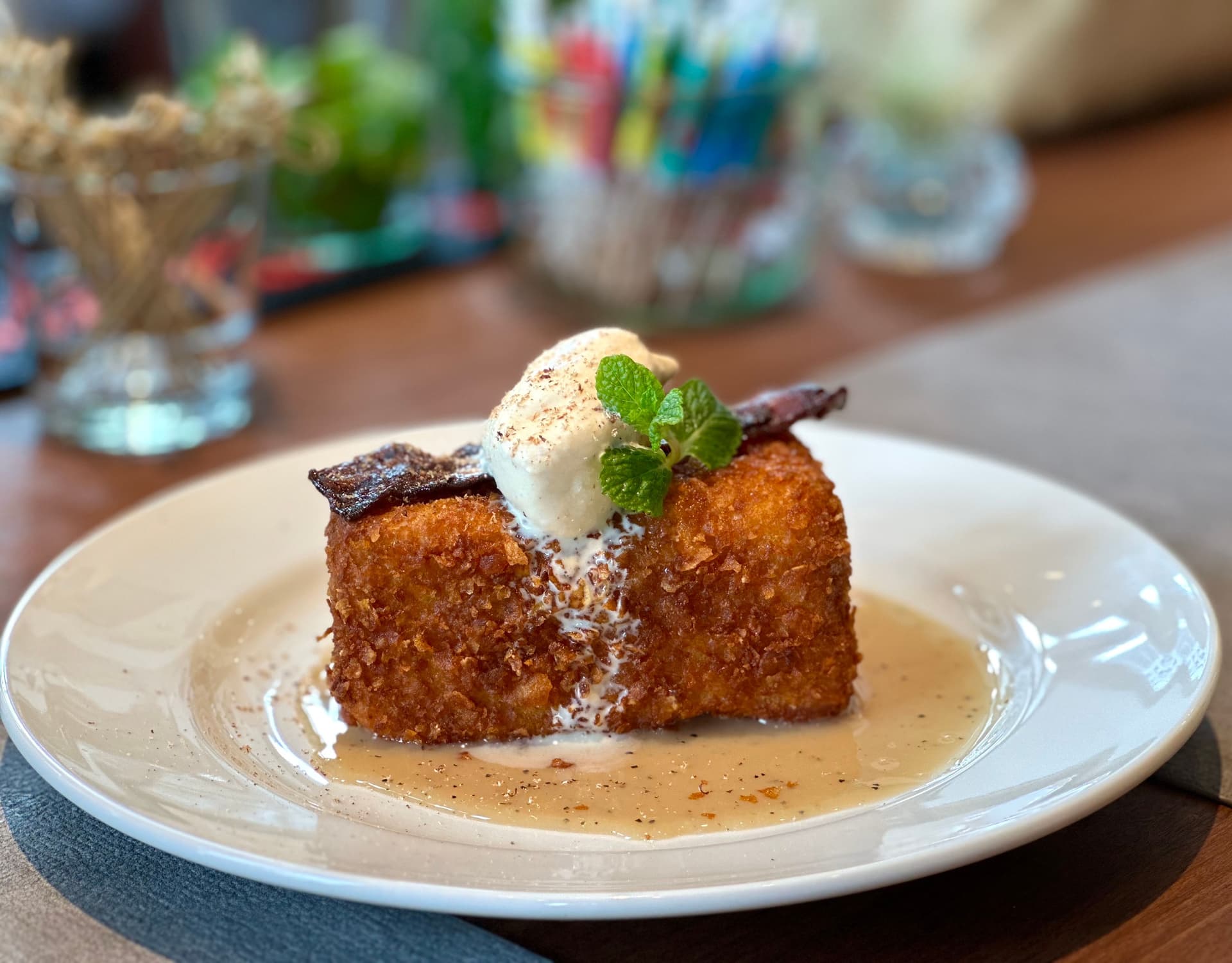fried french toast with ice cream and bacon
