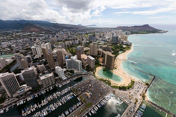 Duke Kahanamoku lagoon and beach as seen from the air. (Photo: Anthony Consillio)