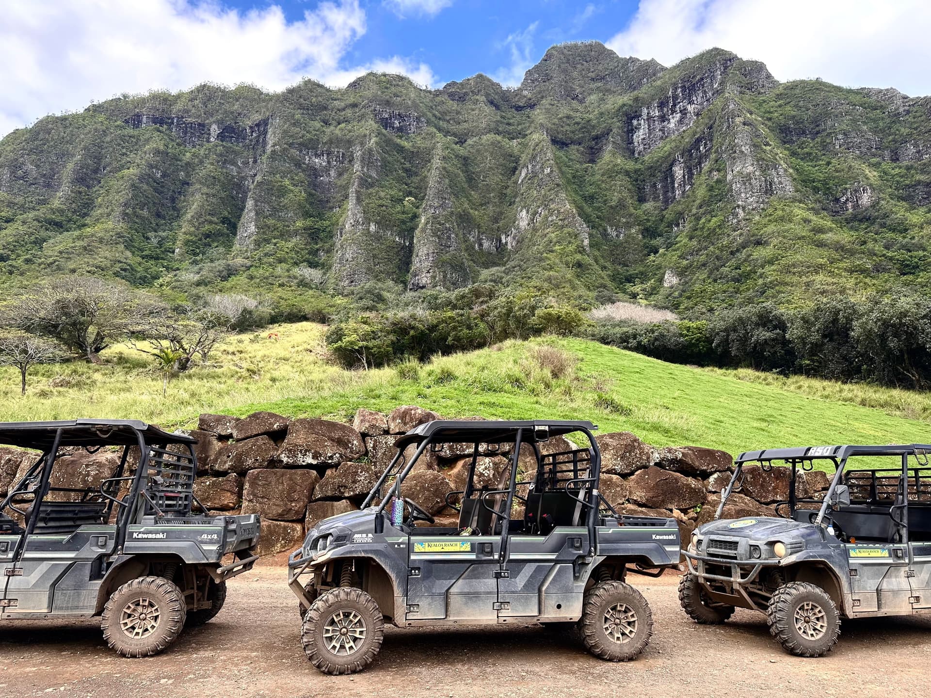 UTV rapter tour at kualoa ranch with koolau mountains behind