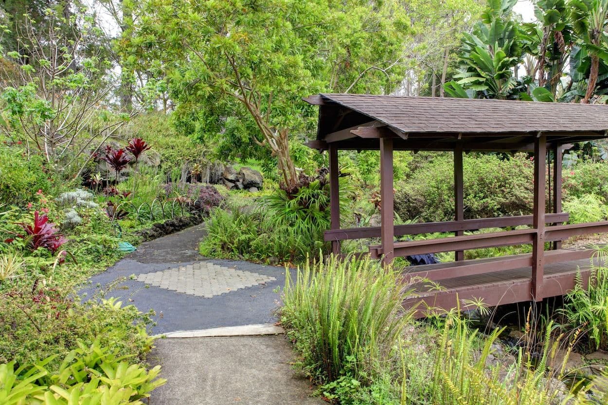 A covered bridge inside a botanical garden