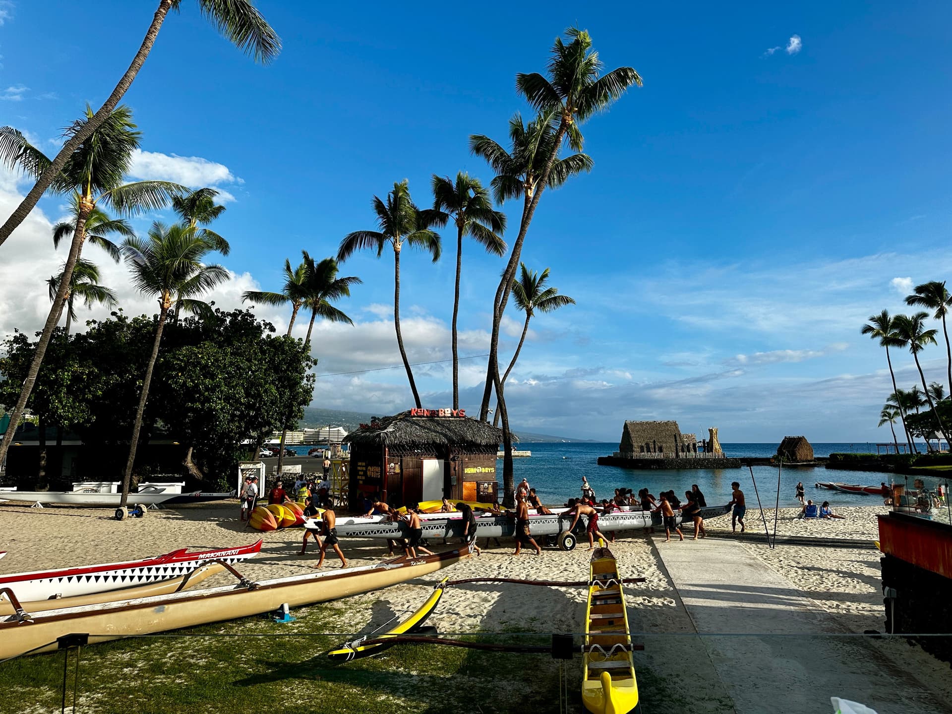 Canoes on the beach with palm trees and thatched roof huts