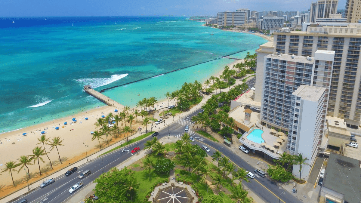 The beach, city and ocean in Waikiki Oahu.