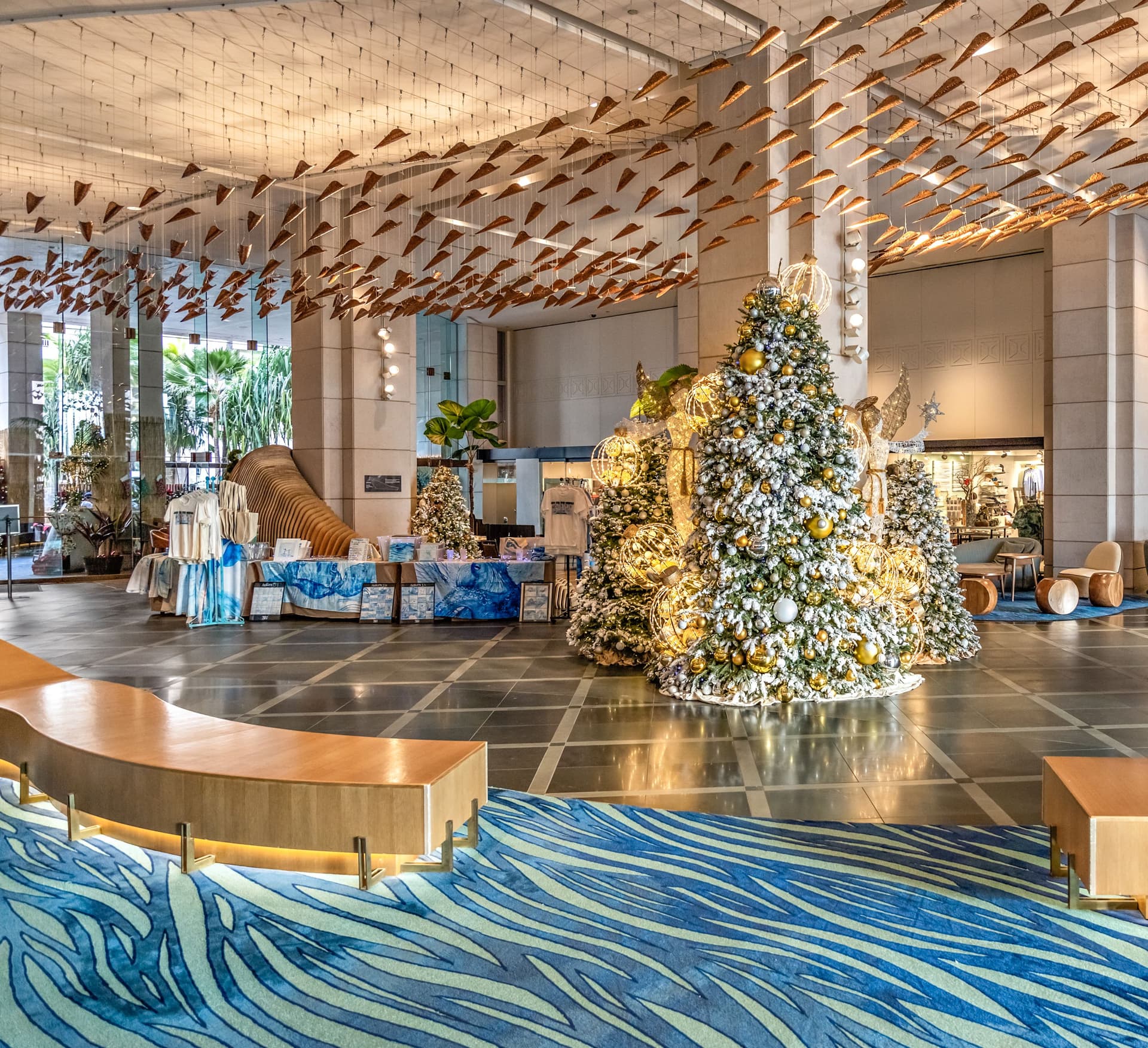 Hotel lobby decorated with holiday decorations