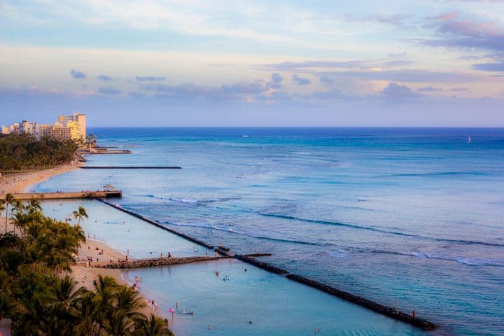 Waikiki Beach displays the beautiful reef patterns just outside the protected lagoons.