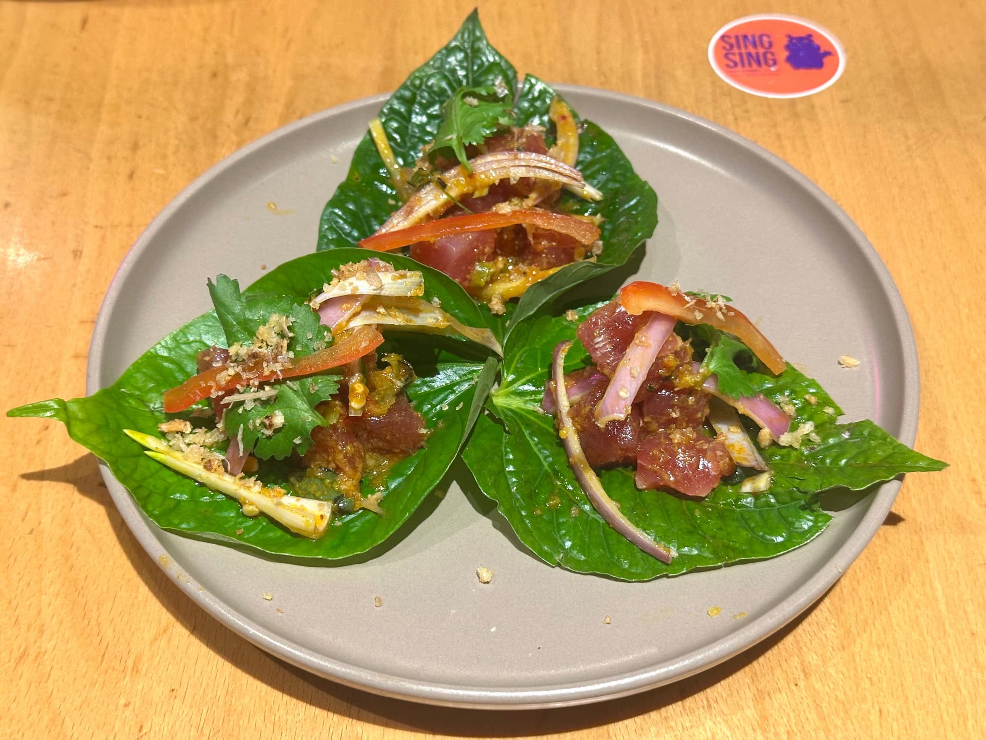 raw ahi on betel leaves