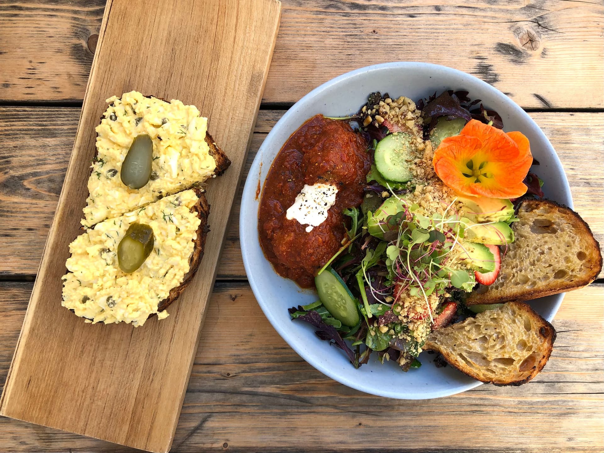 Egg toast and breakfast bowl.