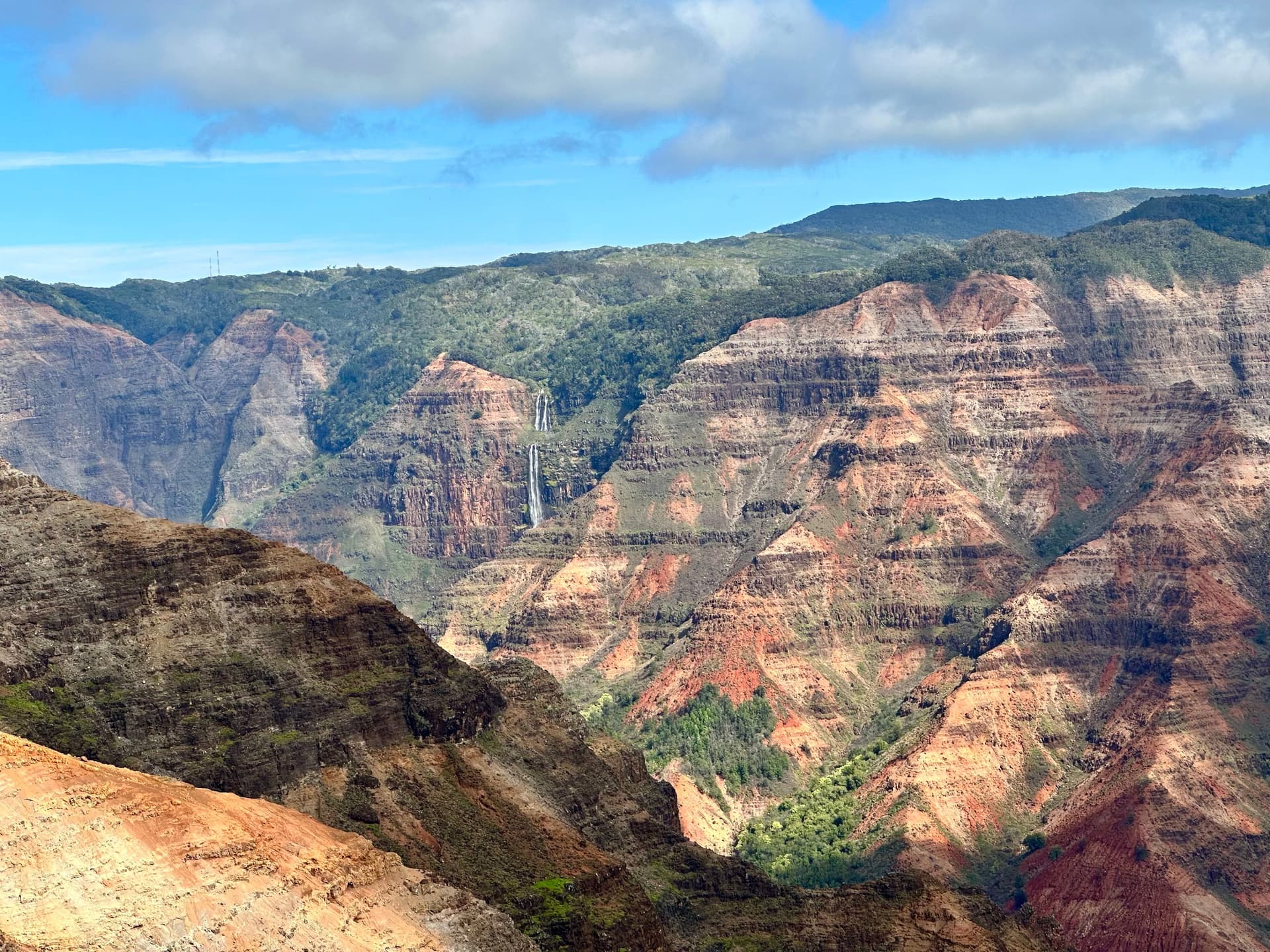 Waimea Canyon with a waterfall in the distance on Kauai Hawaii.
