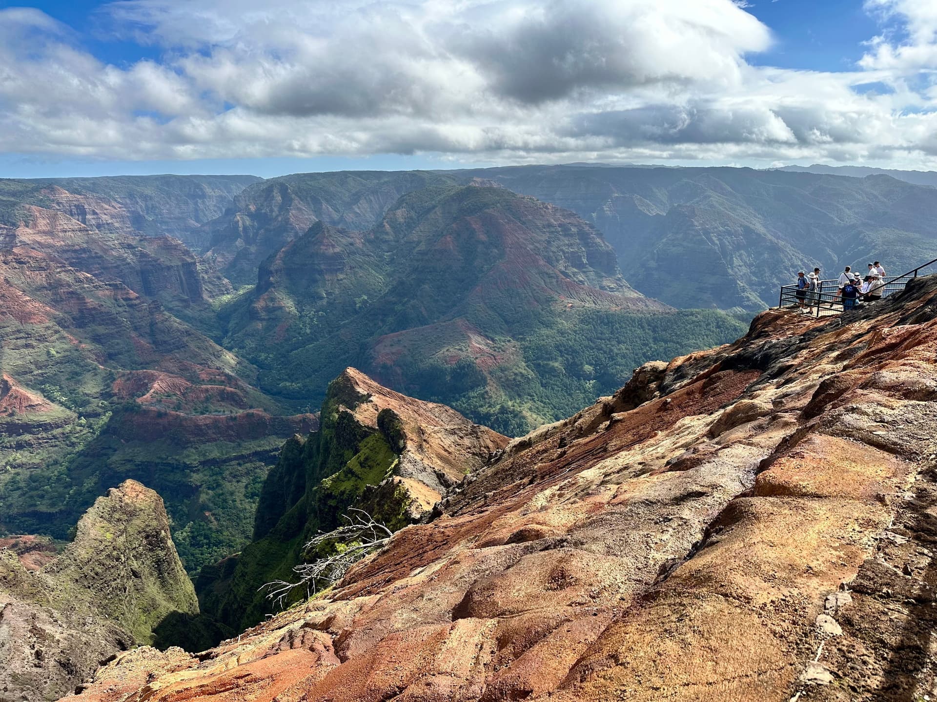 Waimea Canyon Lookout with people looking out over the edge in Kauai Hawaii.