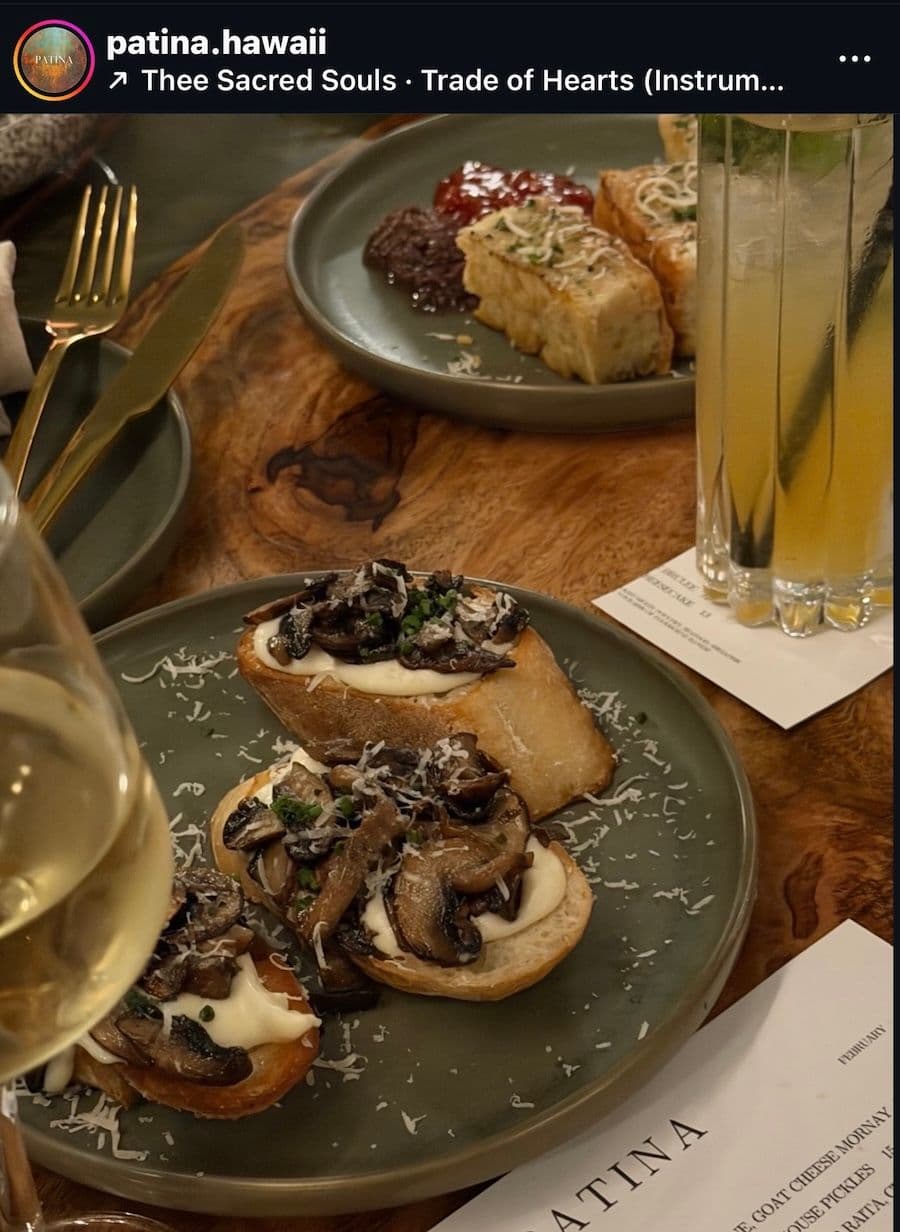 Mushroom bruschetta and white wine at Patina gastropub on Big Island.